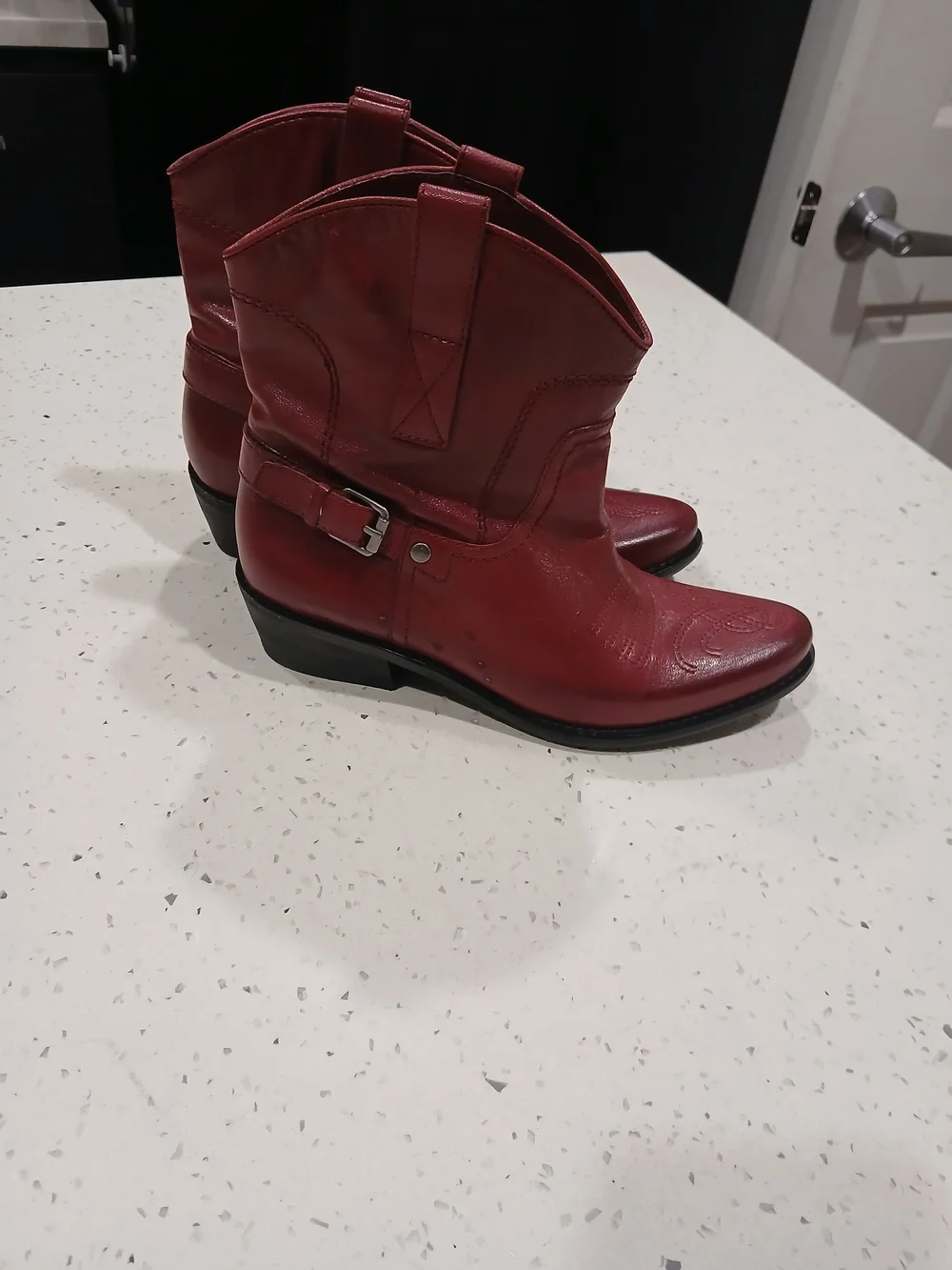 Franco Sarto Red Leather Western Ankle Boots with Buckle